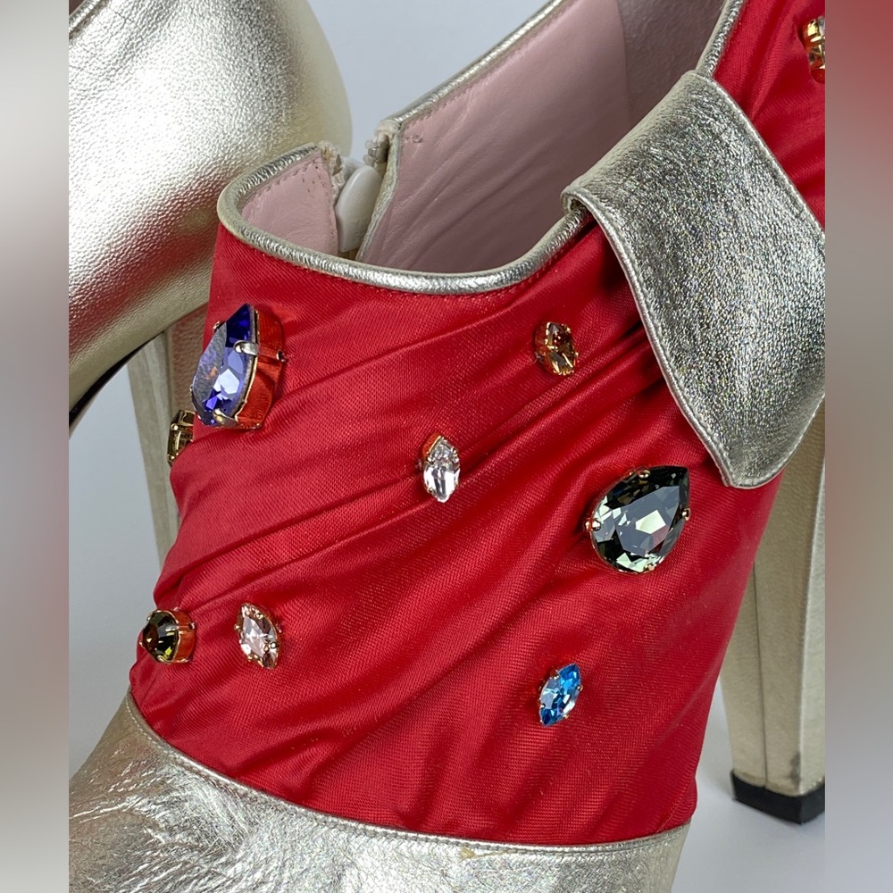 Patricia Rosales Gold Leather Red Satin Swarovski Jewel Embellished Ankle Boots - Picture 9 of 15